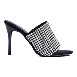 Tyylikkäät Shelovet mustakorkoiset sandaalit zirkoneilla