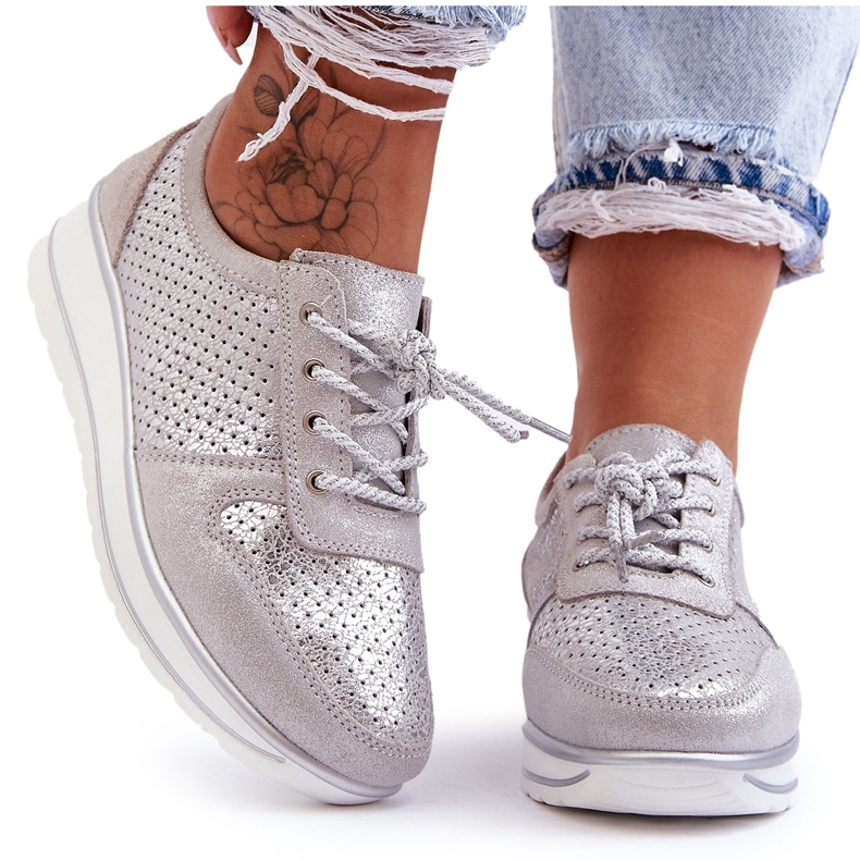 Nahkaiset urheilukengät, joissa rei'itys S.Barski AL22246 Hopea