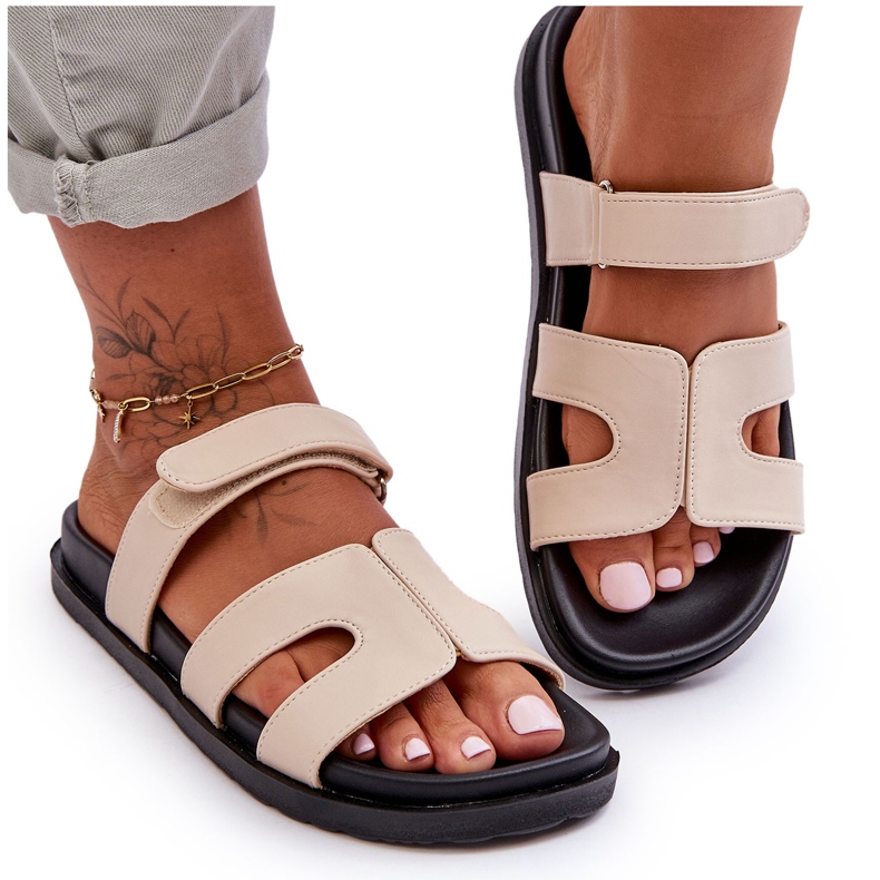 Naisten nahkaiset klassiset tarranauhatossut beige Amedon