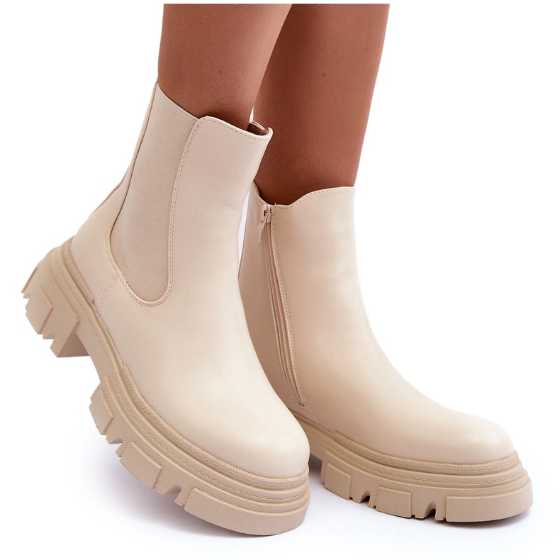 Nahkaiset Chelsea-saappaat tasakoroilla ja alustalla, vaalea beige Solita