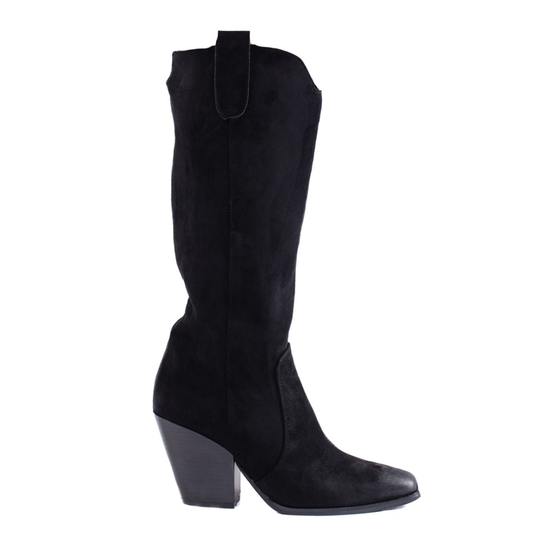 Shelovet naisten mustat mokkanahkakorkoiset cowboysaappaat