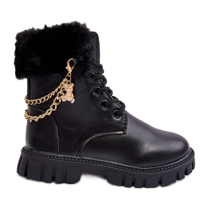 Nahkaiset lämpimät lasten nilkkurit ketjulla, Black Cadia musta