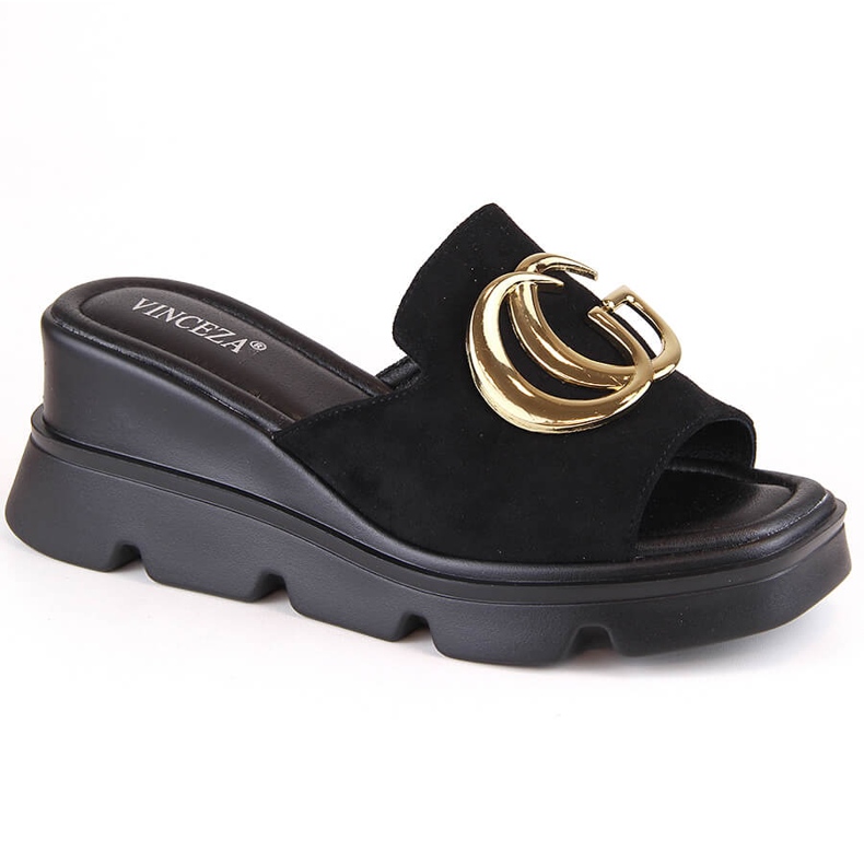 Naisten mokkanahkaiset kiilatossut, musta, Vinceza 58295
