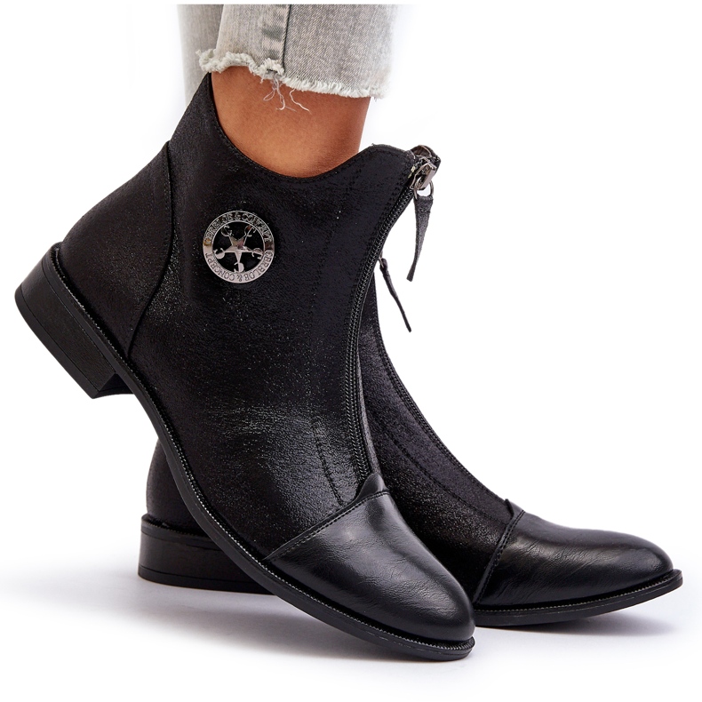 Jezzi Naisten tasaiset saappaat vetoketjulla, musta Loratie