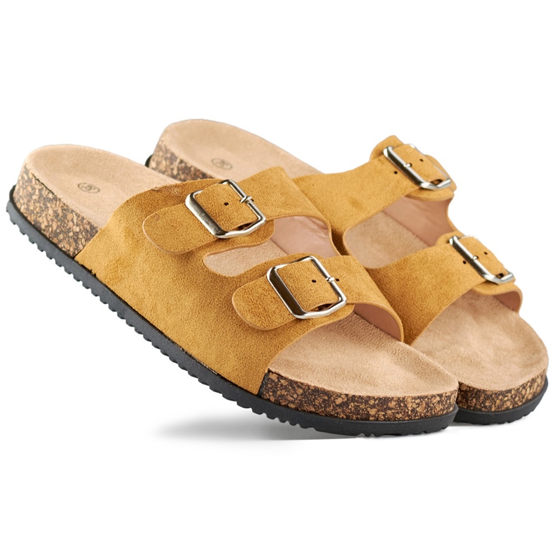 Naisten karamelliväriset tossut kahdella soljella ruskea