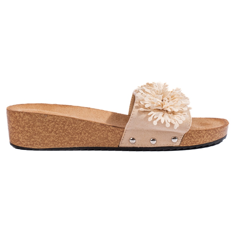 Naisten beigenväriset mokkanahkaiset tossut kukilla