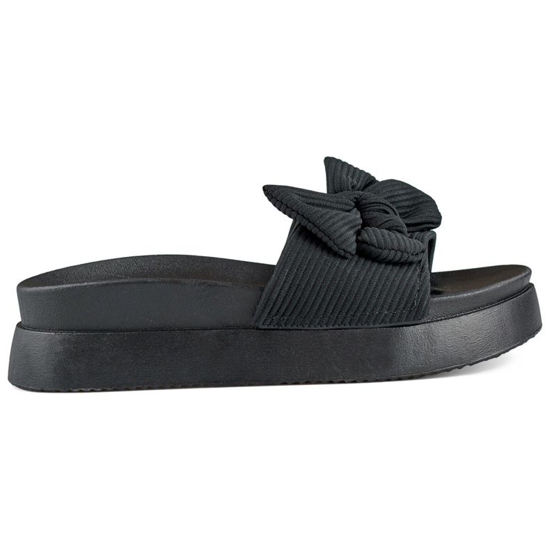 Mustat naisten tossut, joissa rusetti paksussa pohjassa