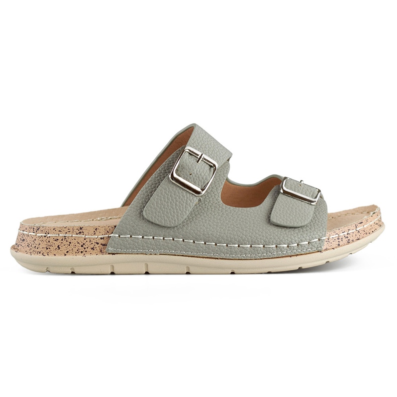 Mukavat harmaat naisten varvastossut kahdella soljella ja nahkaisella pohjallisella