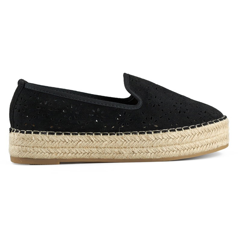 Naisten mustat harjakattoiset espadrillit, joissa paksu mokkanahkapohja