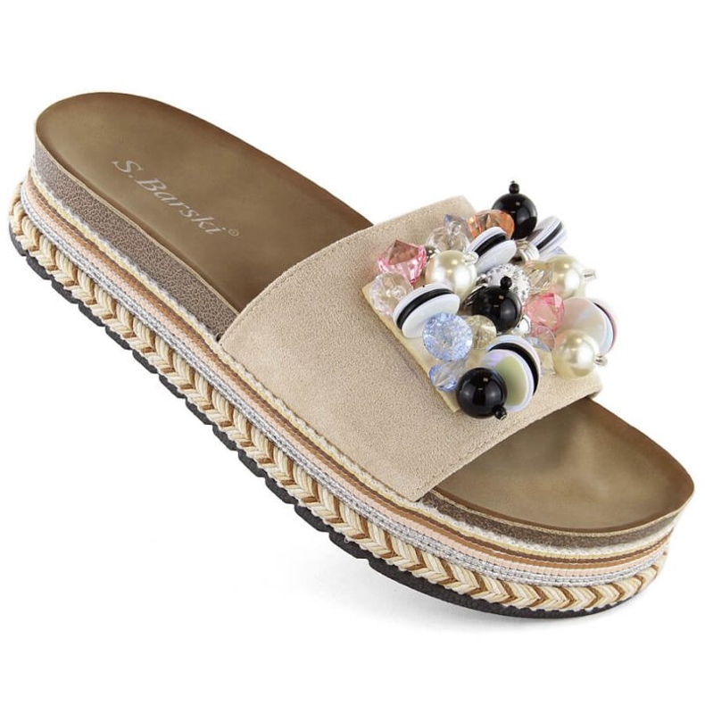 S.Barski W OLI260 beige-tasoiset varvastossut helmillä