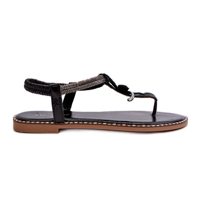 Naisten litteät sandaalit koristeellisella kukalla, Black Edoni musta