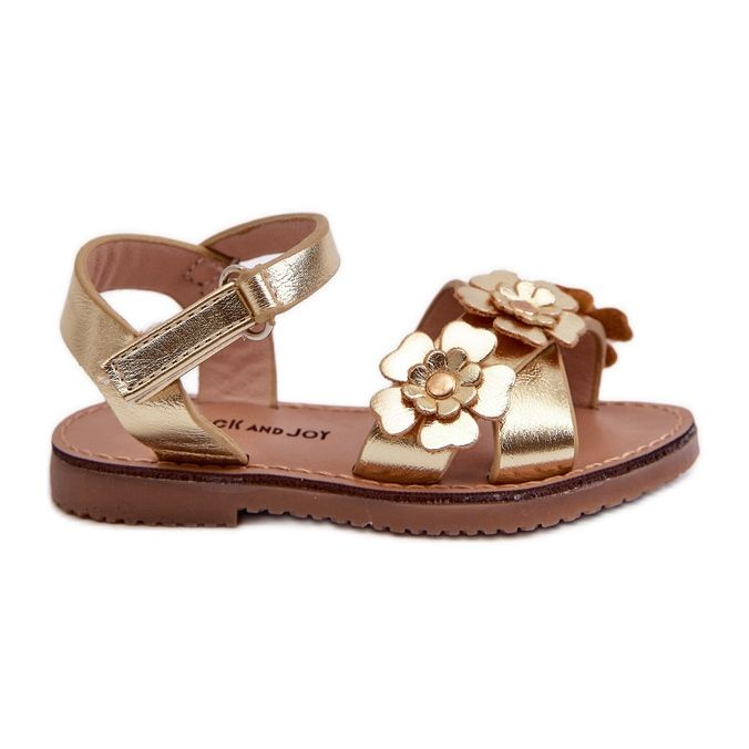 Lasten sandaalit koristeltu kukilla, kiinnitettävä tarranauhalla, Golden Fagossa kultainen