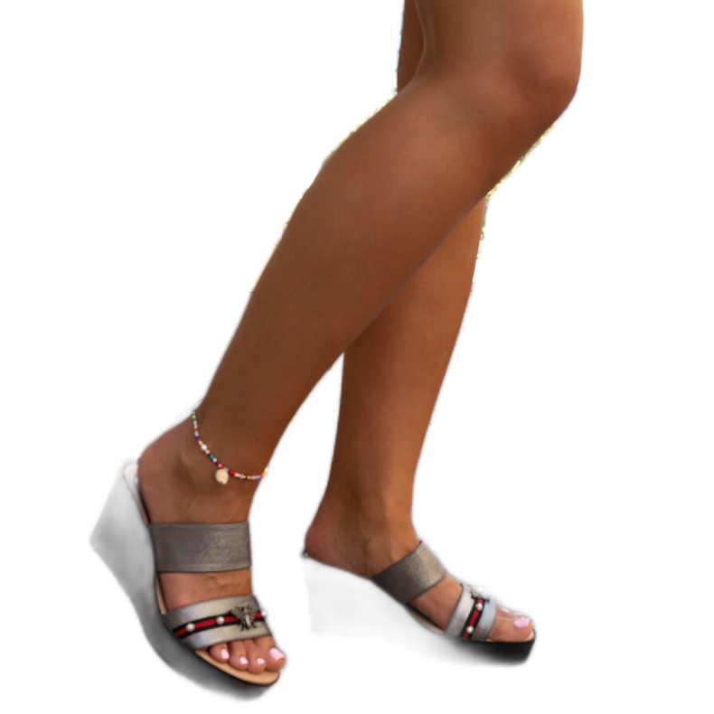 Tummanharmaa metallinen Raja wedge muulit