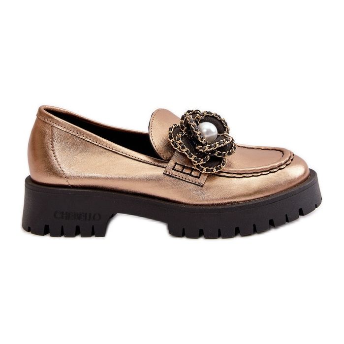 Naisten nahkaiset mokasiinit, koristeltu kukka, kultainen CheBello 4520