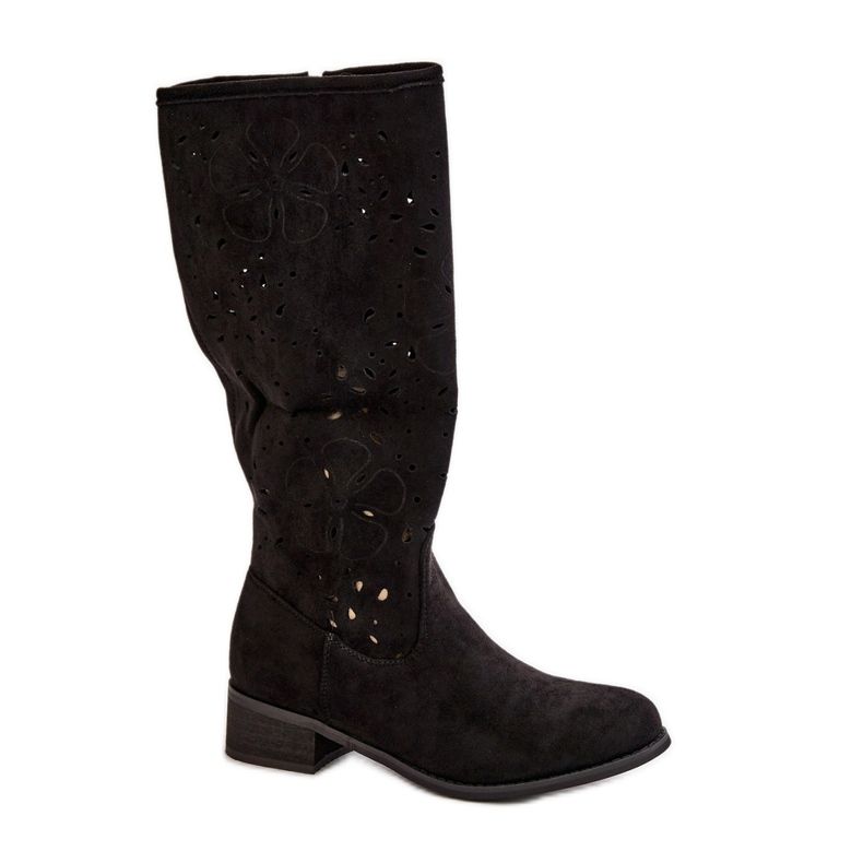 Harjakatkoiset naisten saappaat matalakorkoisilla Eco-mokkanahkalla kiinnitetyllä vetoketjulla Mustat orkideat