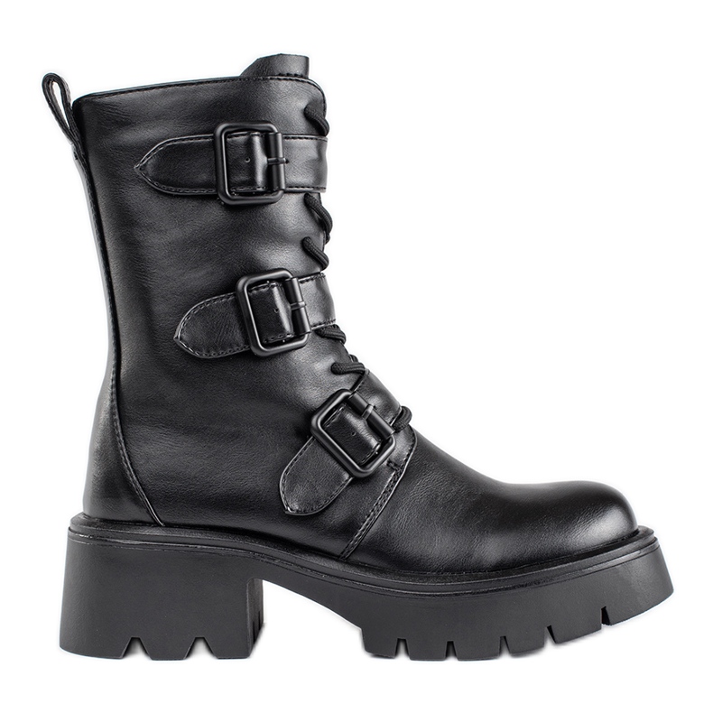 Naisten pitkät mustat työväensaappaat soljilla