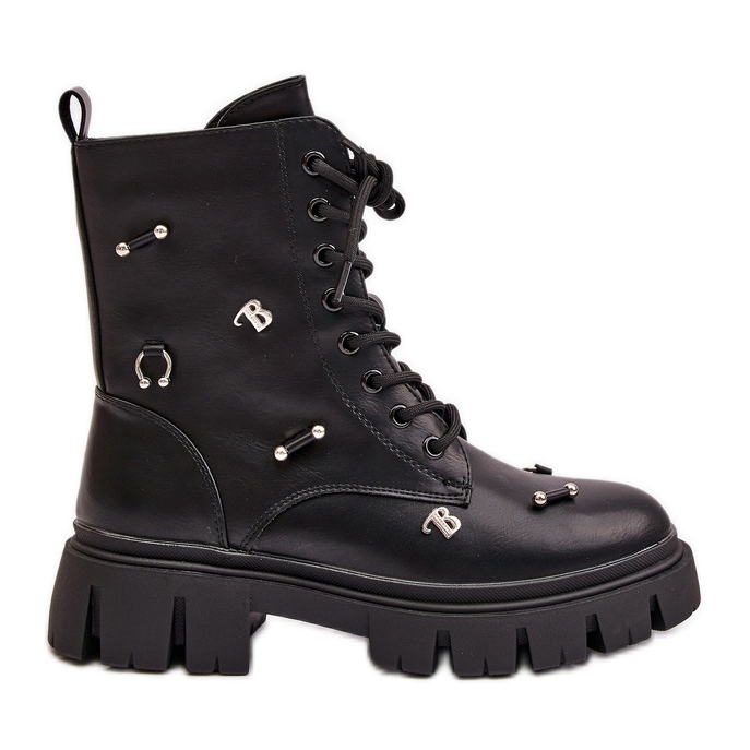 Naisten työsaappaat koristeilla, ekonahkaa, mustaa cadenillaa