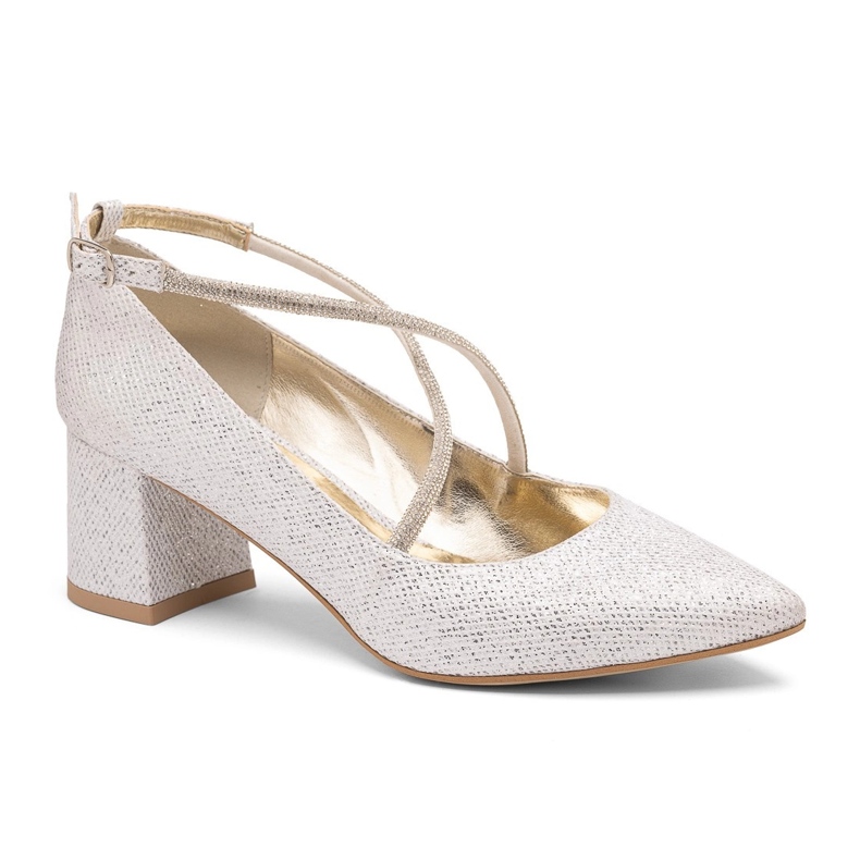 Hopeanvärinen matala pumppu koristeellisilla ristikkäishihnalla BUTDAM