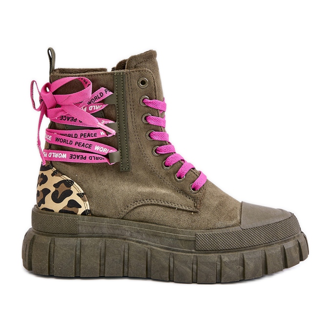 Naisten saappaat, joissa koristeellinen nyöritys, leopardinvihreä Edidda