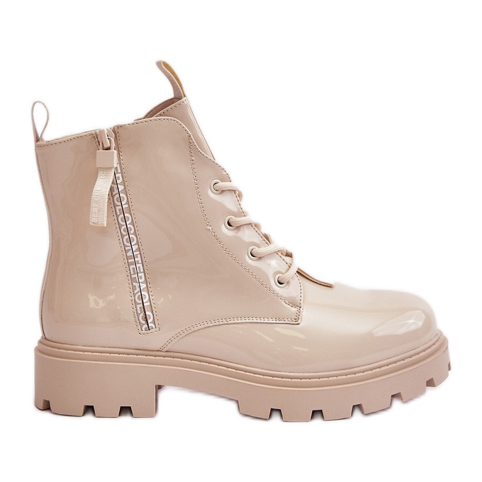 Naisten patenttityöntekijän saappaat, eristetty, beige-kirjoituksella, Zinfreya