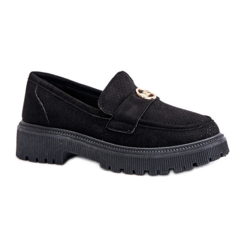 Mokasiinikengät kullanvärisillä yksityiskohdilla Mustat