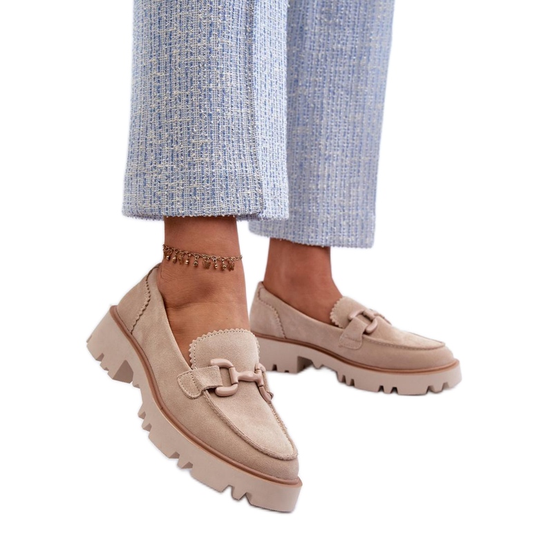 Naisten mokkanahkaiset mokasiinit beige-koristeella