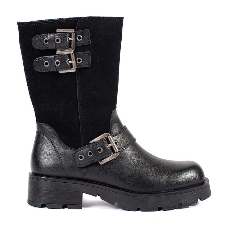 Naisten mustat nahkaiset nilkkurit alustalla koristeltu Sergio Leonen raidoilla