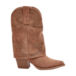 Koristetut keski-pohkeet Cowboy-saappaat korkokenkiin S.Barski HY42-153 Camel beige
