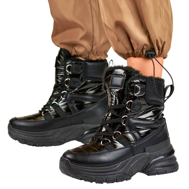 Naisten lumisaappaat, kiiltävän mustat saappaat 22-PY16061B