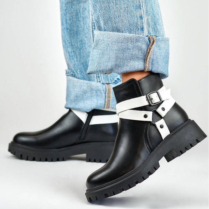 Naisten eristetyt työsaappaat hihnoilla, musta 250043BW-PU valkoinen