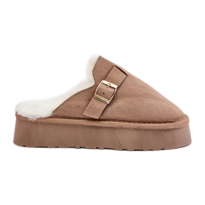 Naisten tossut paksulla pohjalla, jossa turkis ja solki, tumma beige Linneola