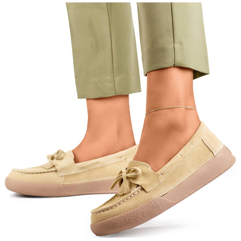 Naisten nahkaiset mokasiinit rusetilla, beige Goodin GD-SW4005BE