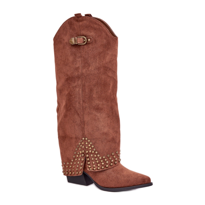 Ruskeat naisten saappaat, joissa koristeellinen päällinen