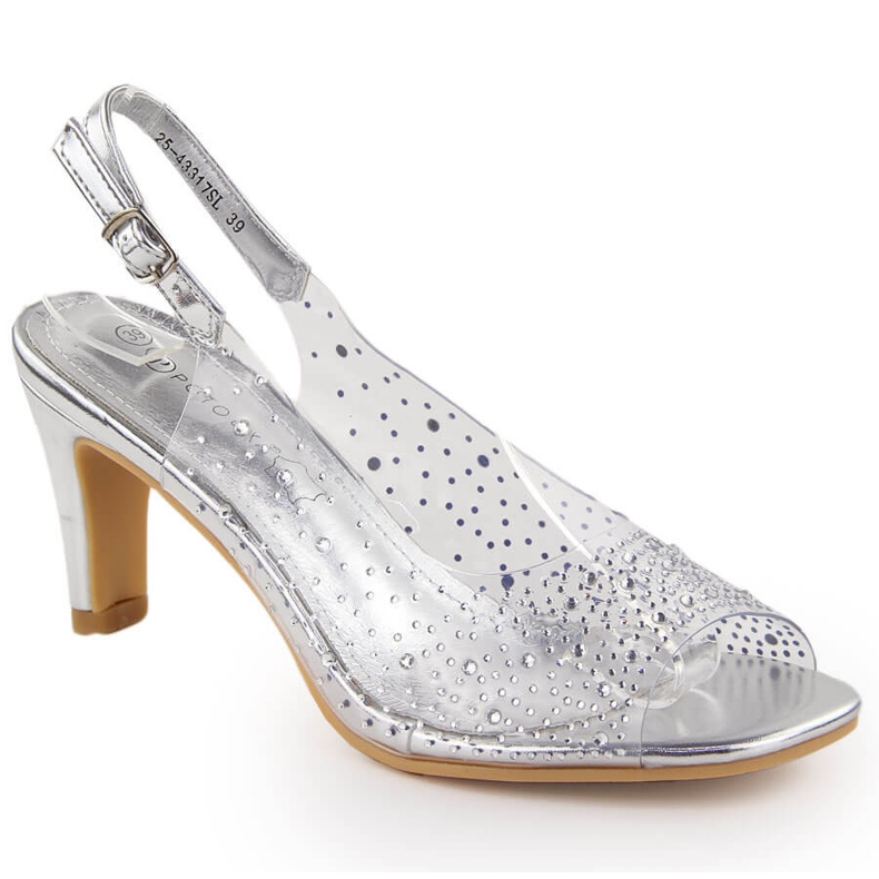 Naisten läpinäkyvät korkeakorkoiset sandaalit hopeisilla zirkoneilla Potocki WS43317 hopea