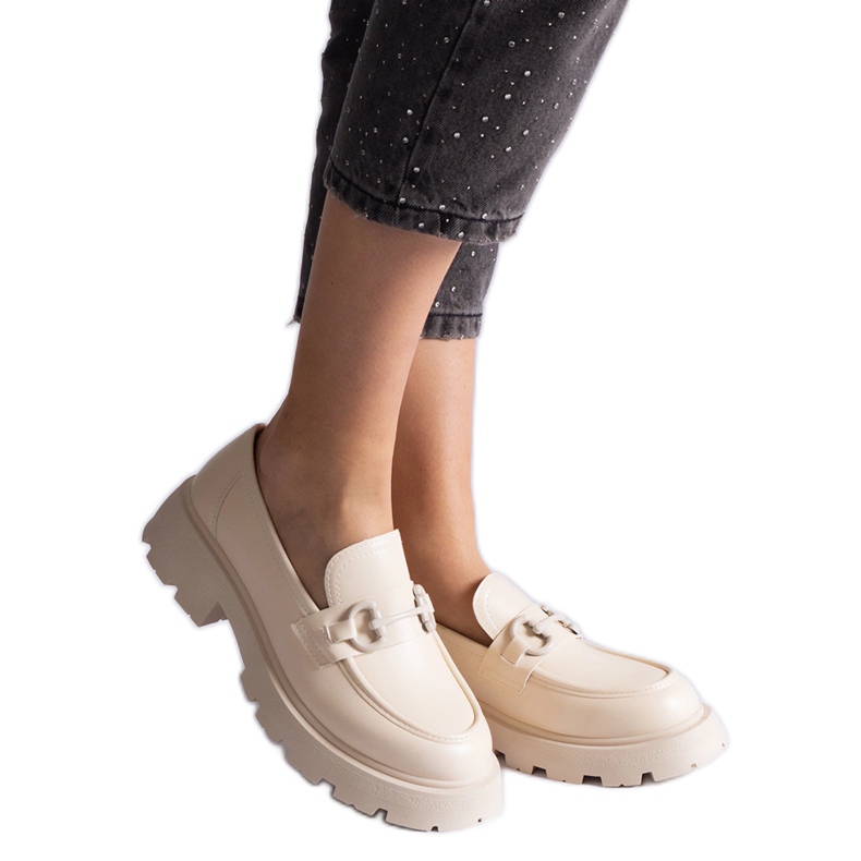 Beiget eko-nahkaiset mokasiinit kullanvärisillä koristeilla