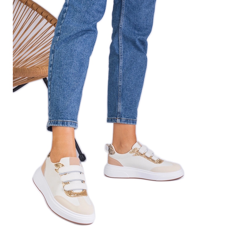 Beige naisten lenkkarit tarranauhaan koristeltu kimaltelussa