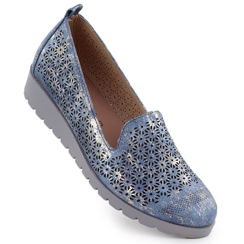 Naisten kengät avoimien kullattujen asuntoloiden kohoamisessa M. Daszyński MR1628-20 sininen