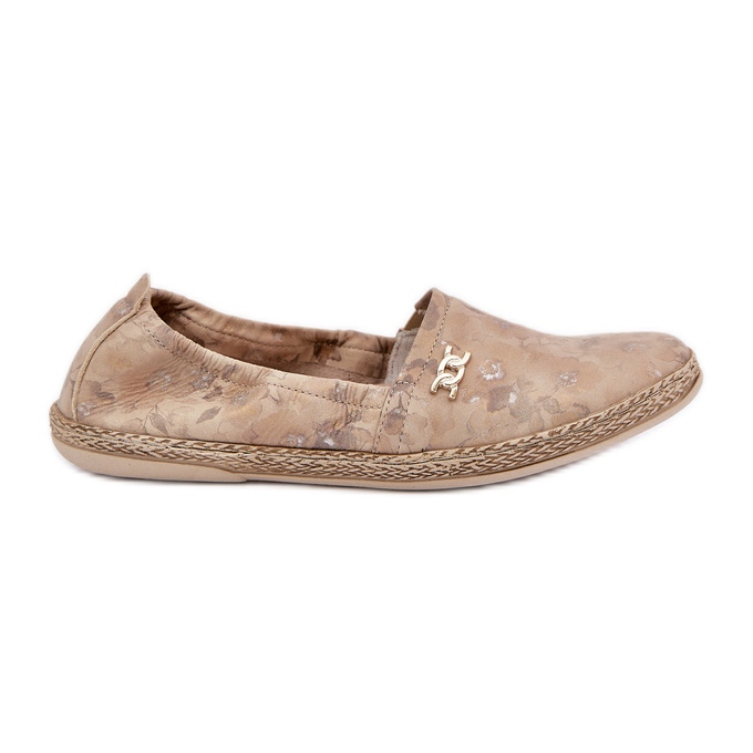 Tyylikäs mokkanahka Espadrilles naisten kukilla Zazoo 10177 beige