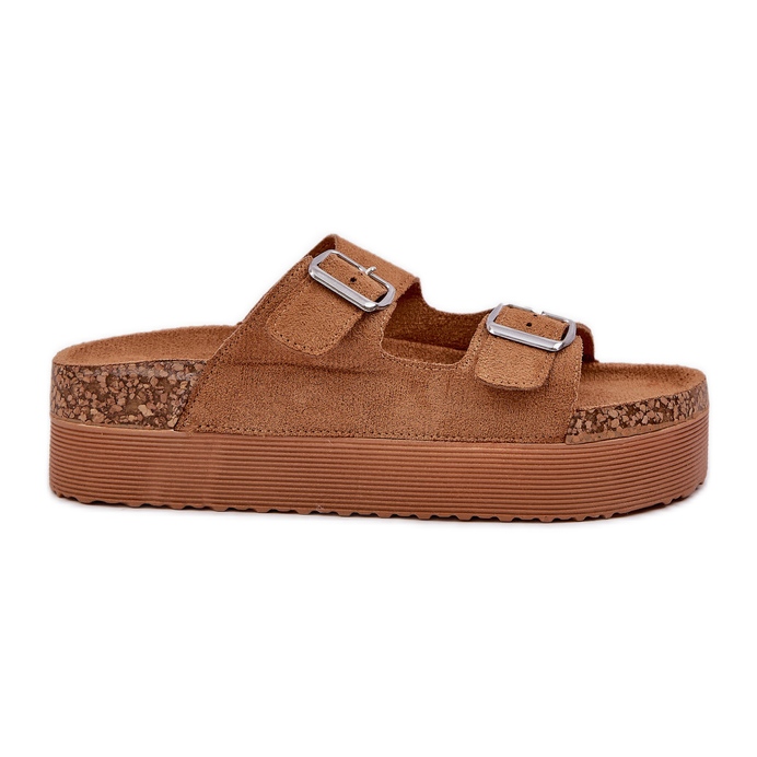 Naisten tossut massiivisella alustalla, jossa on kamelin soljet beige