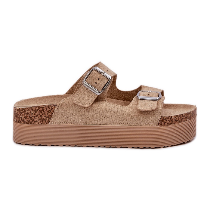 Naisten tossut massiivisella alustalla, jossa on beige -soljet