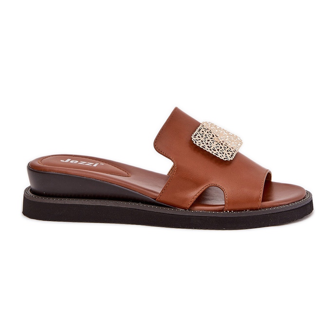 Jezzi Naisten flip flops ankkori -nahkakiilassa koristeella ruskeaa