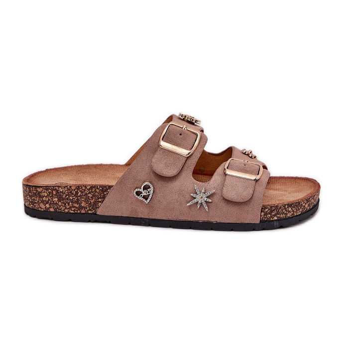 Naisten flip flops korkkipohjassa, jossa on khaki -soljet ja nastat beige