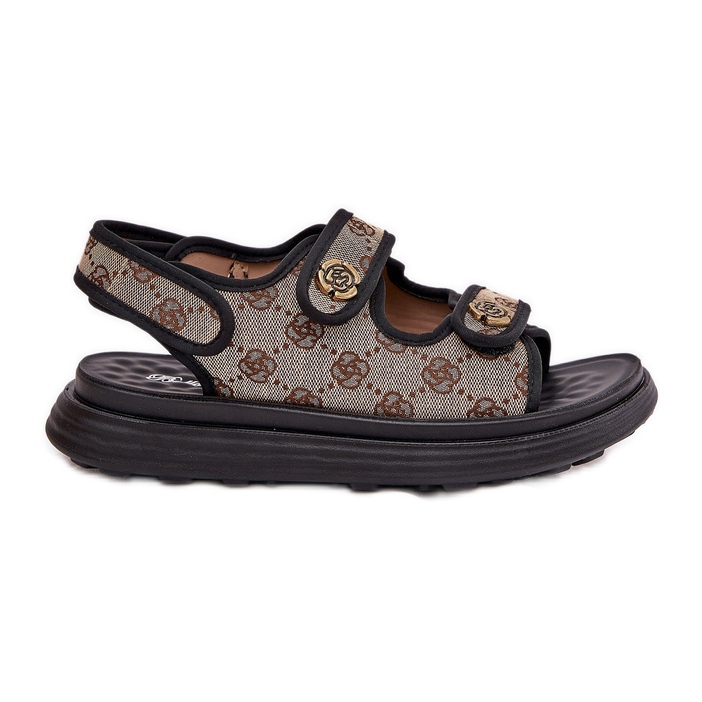 Naisten kuvioidut materiaalisandaalit, joissa on kultaisia ​​yksityiskohtia beige-musta