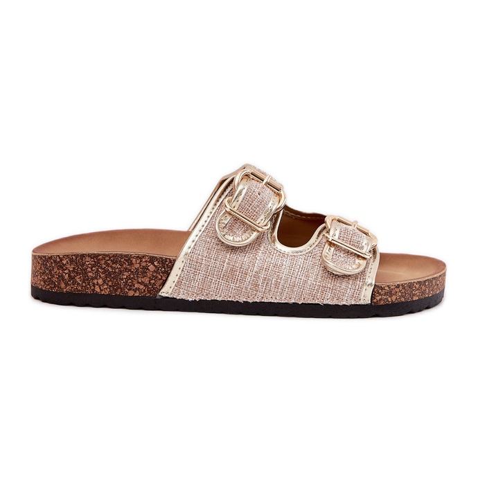 Naisten materiaalikärpyt korkkilavalla, jossa on kultaiset soljet kultainen