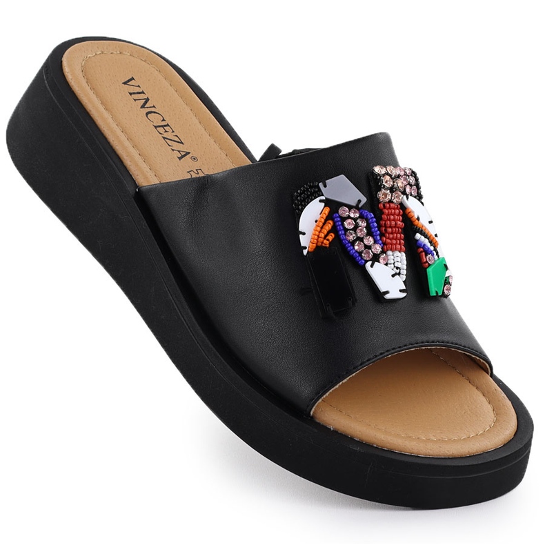 Naisten nahkainen flops mustalla Vinceza 66623 -helmillä