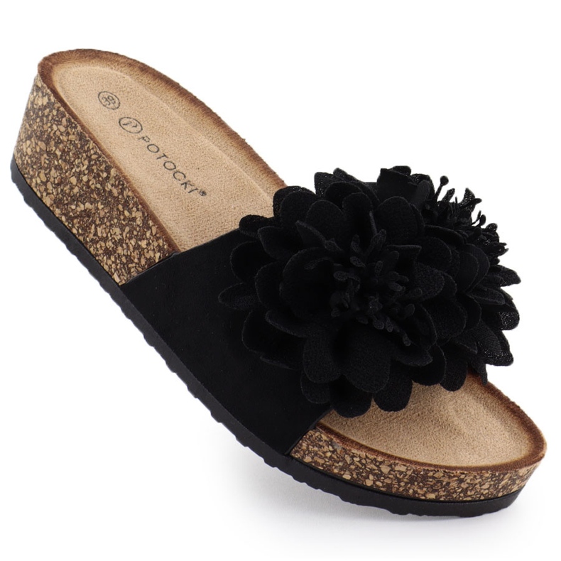 Naisten flip -Flops in Wedge Flowers Black Potocki GN17300 musta