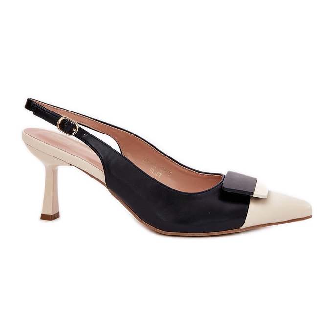 Tyylikkäät korkokengät koristeella eko musta nahka