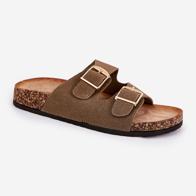 Naisten flip flops korkki -alustalla, jossa on kultaiset soljet vihreitä vihreä