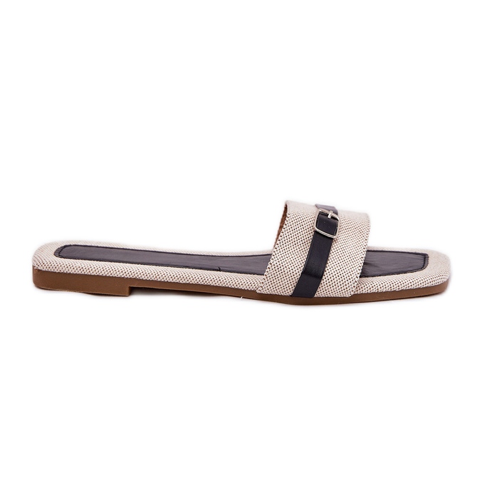 Litteät naisten flip flops beige-mustalla vyöllä ja solkilla