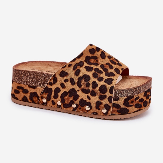 Naisten flip flops massiivisella alustalla Eco Suede Leopard Print Brown ruskea